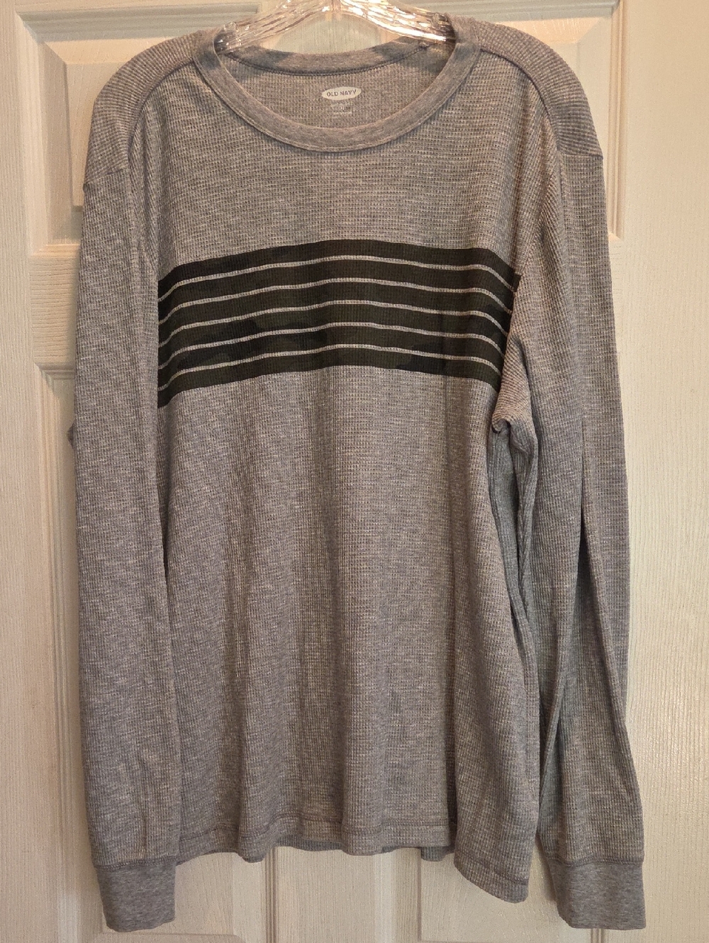 Old Navy Gray Waffle Knit Long Sleeve Top with Black Stripes